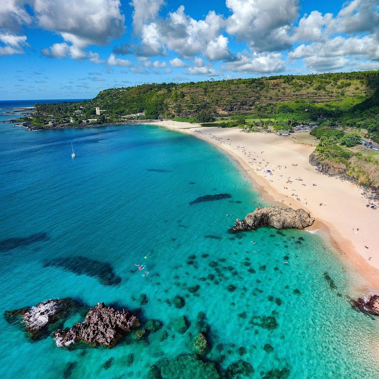 The wide bay and headland at Waimea Bay on the North Shore of Oahu