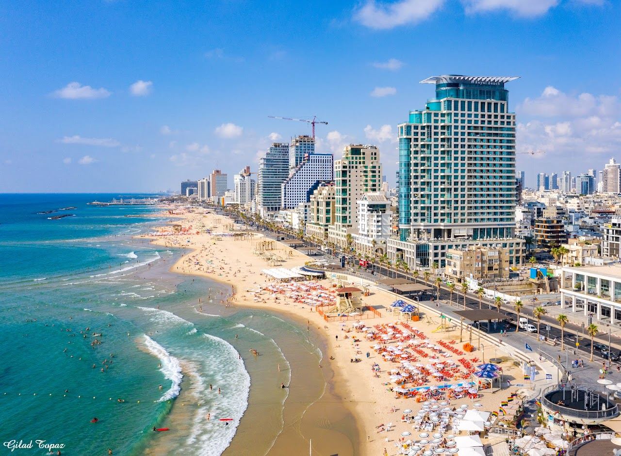 Warm calm sea and clear sky on the Tel Aviv coast in summer