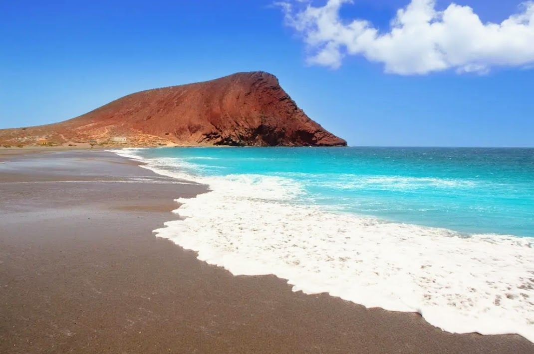 The long open sand of La Tejita below Montana Roja near El Medano in Tenerife