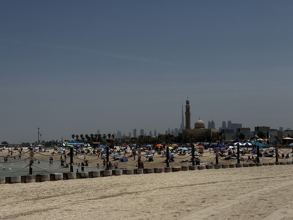 Long boardwalk and Blue Flag water at Jumeirah Open Beach in Jumeirah 1, Dubai