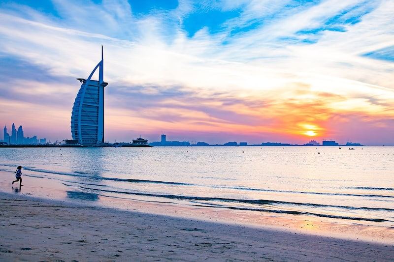 Free public sand and gentle Gulf water at Umm Suqeim Beach below the Burj Al Arab in Dubai