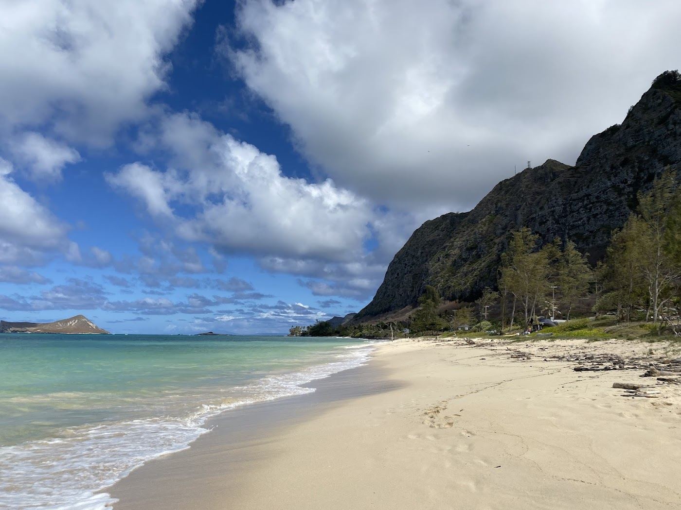 Long soft white sand backed by ironwood trees and calm water at Waimanalo Beach on Oahu