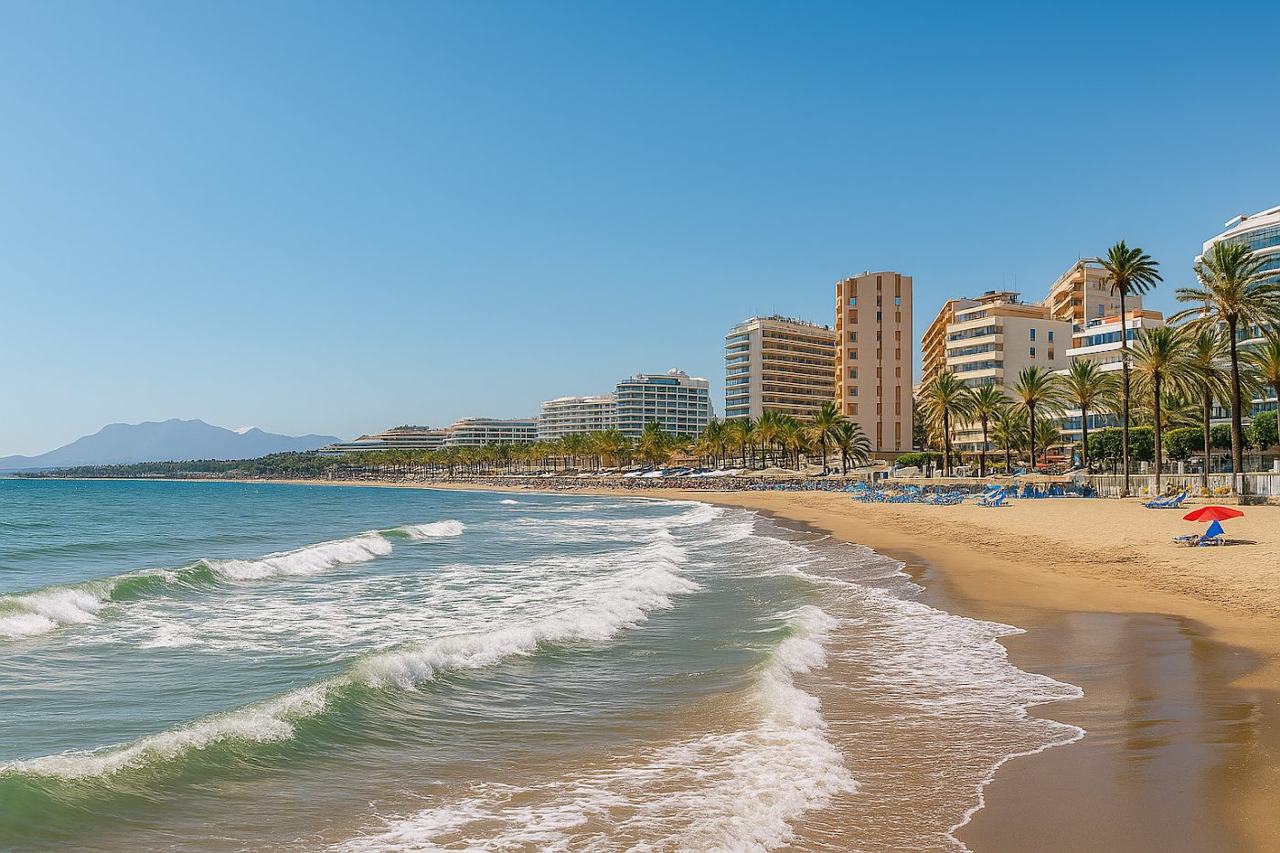 A wide golden sand beach on the Costa del Sol with calm Mediterranean water and palms behind