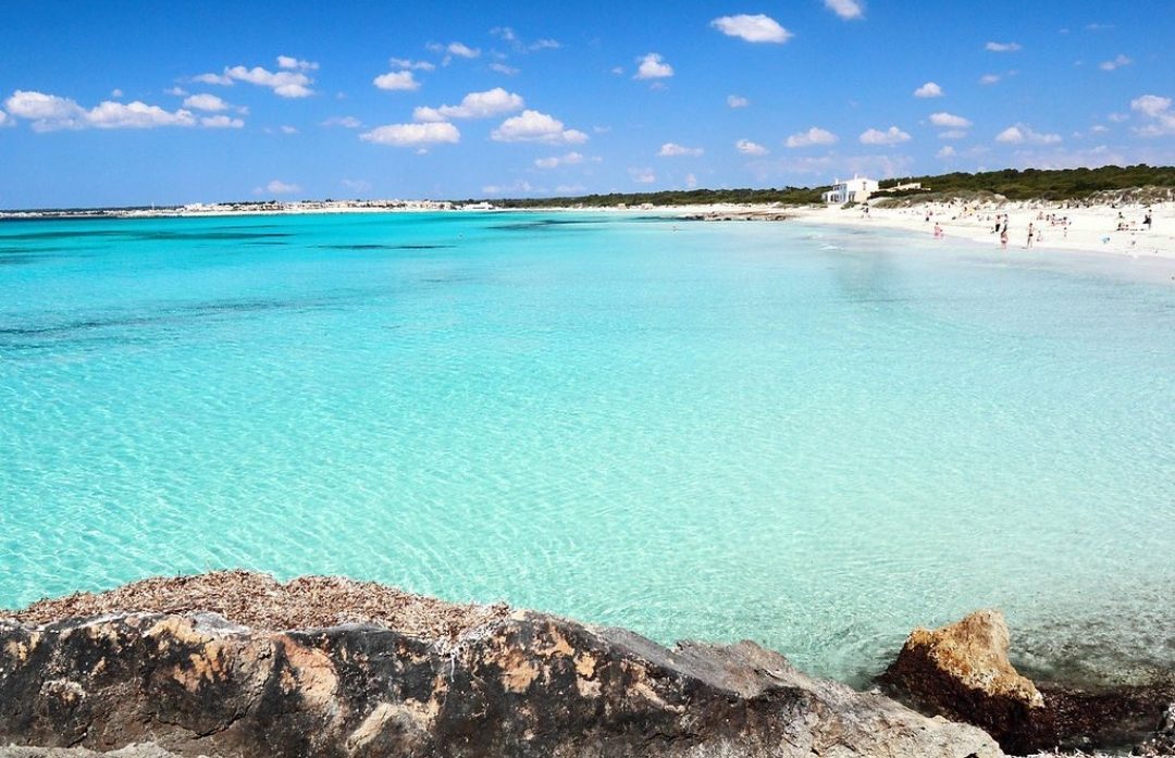 The long natural sweep of Es Trenc on Mallorca with pale sand and shallow clear sea