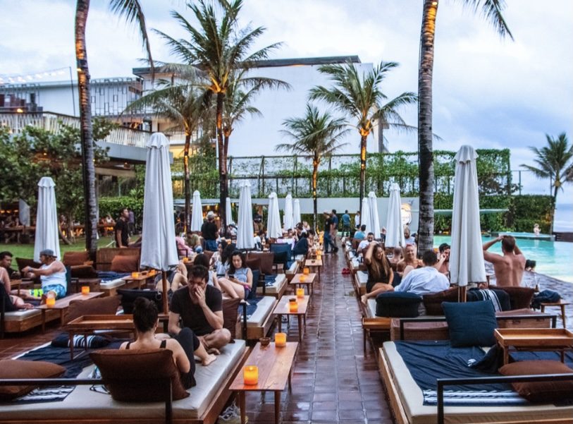 The shuttered amphitheatre facade and infinity pool at Potato Head in Seminyak